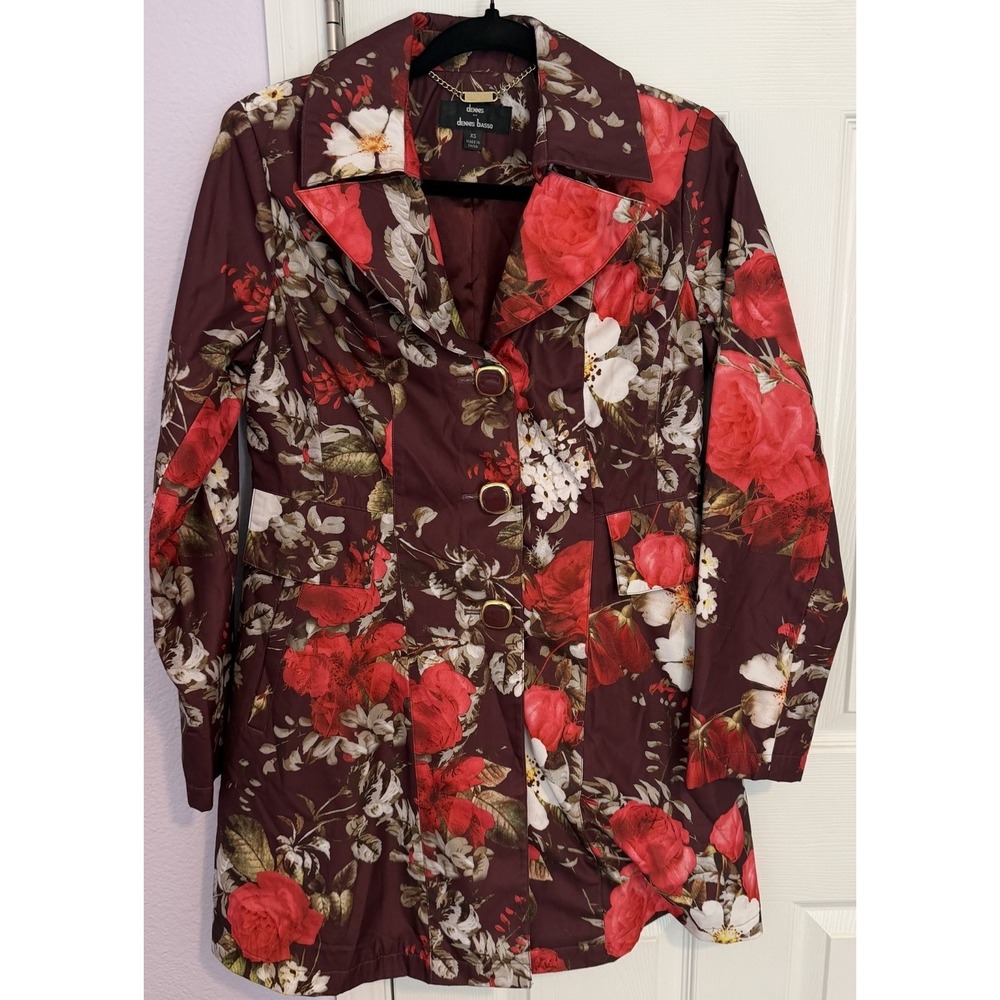 Dennis Basso Floral Raincoat XS Burgundy Flared Skirt Romantic Retro Jacket